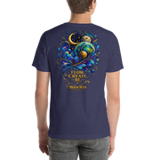 Flow. Create. Be. — Cosmic Flow Artist Series Tee — Heather Midnight Navy — back view on man model