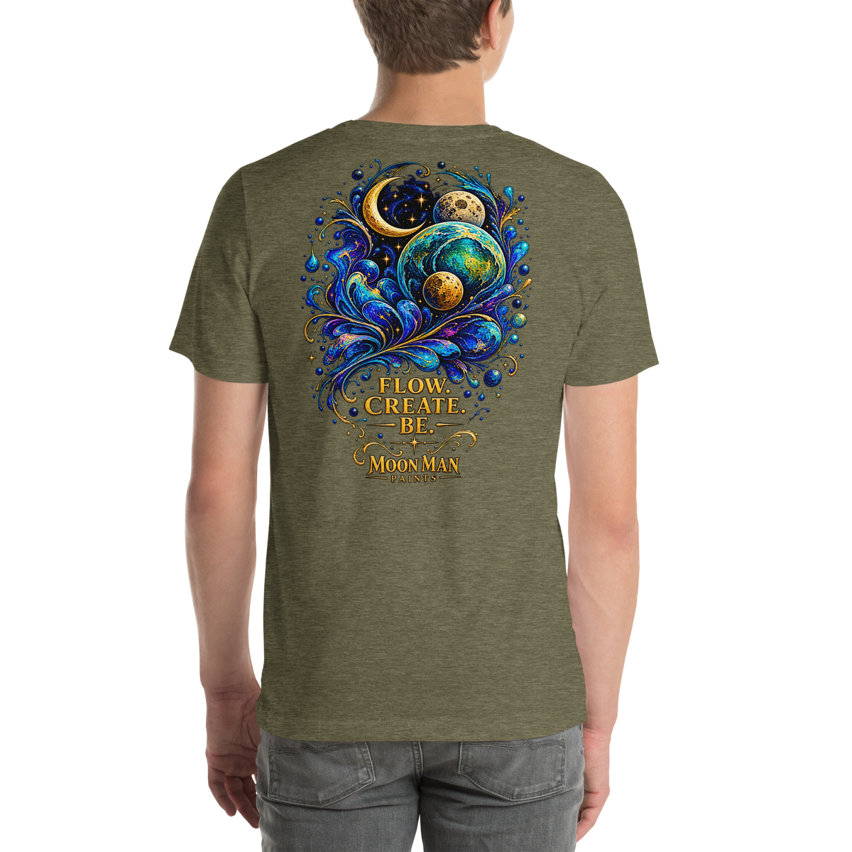 Flow. Create. Be. — Cosmic Flow Artist Series Tee — Heather Olive — back view on man model