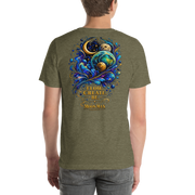 Flow. Create. Be. — Cosmic Flow Artist Series Tee — Heather Olive — back view on man model