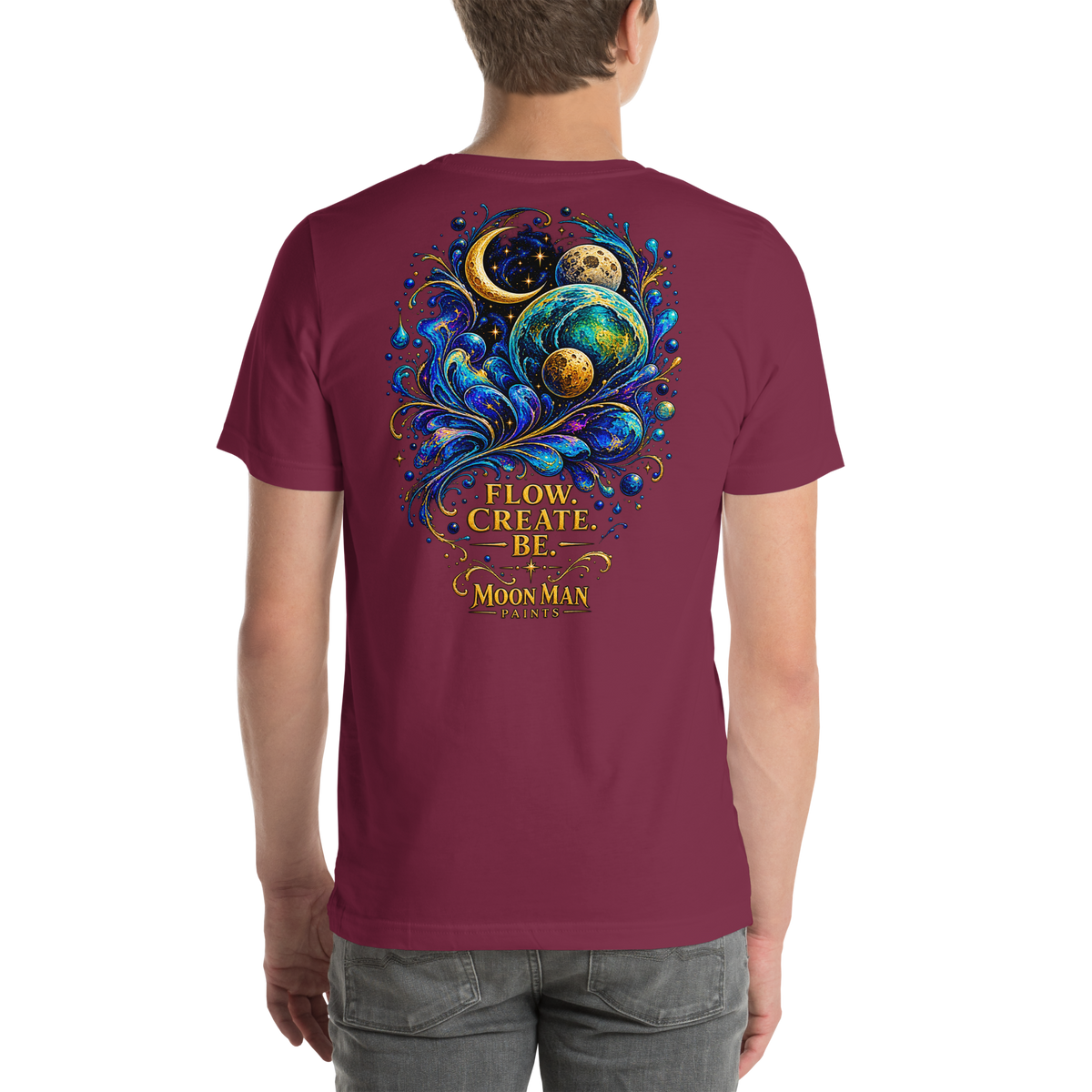Flow. Create. Be. — Cosmic Flow Artist Series Tee — Maroon — back view on man model