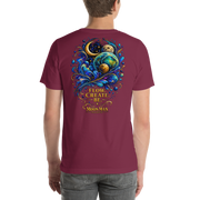 Flow. Create. Be. — Cosmic Flow Artist Series Tee — Maroon — back view on man model