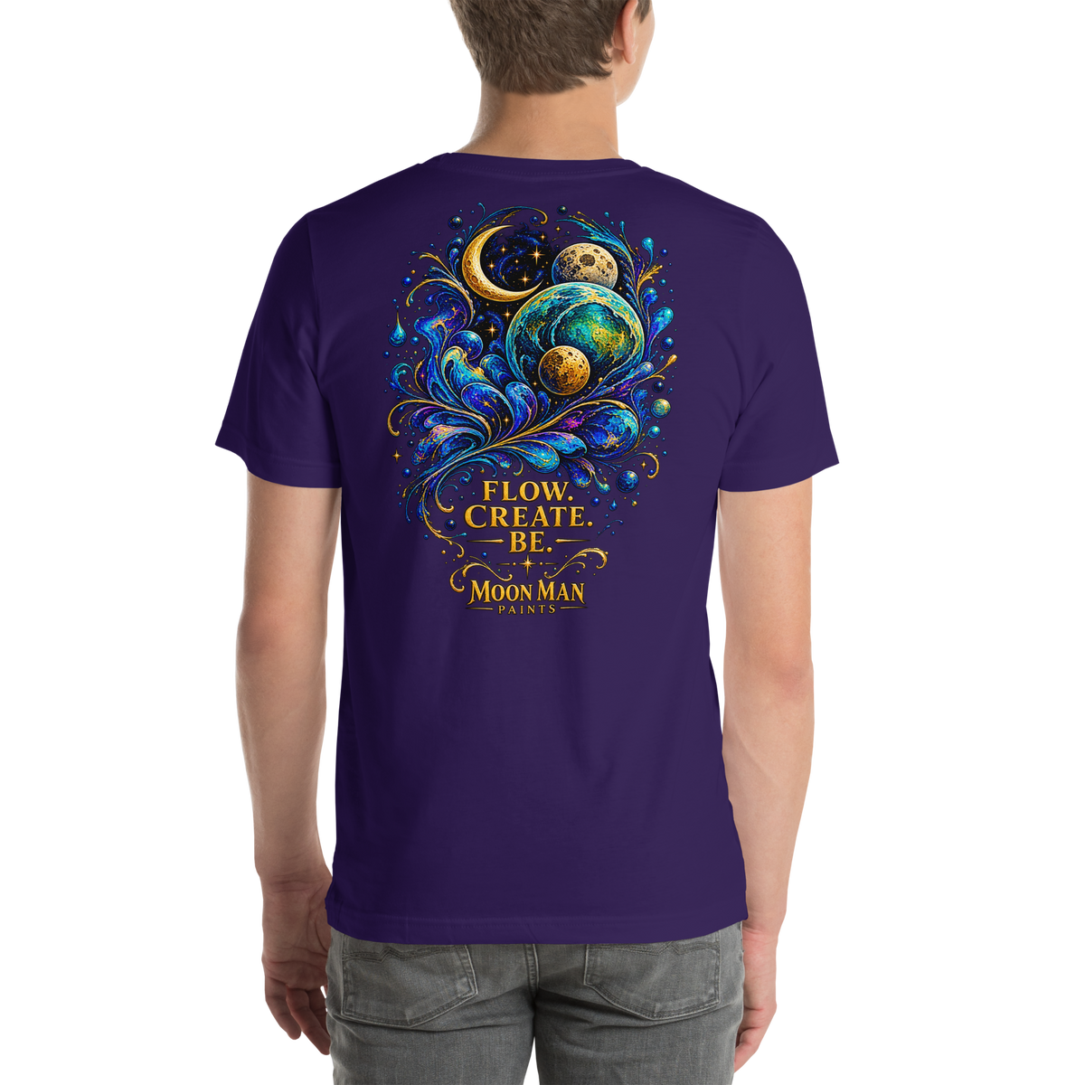 Flow. Create. Be. — Cosmic Flow Artist Series Tee — Team Purple — back view on man model