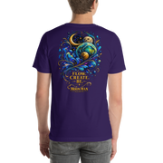Flow. Create. Be. — Cosmic Flow Artist Series Tee — Team Purple — back view on man model