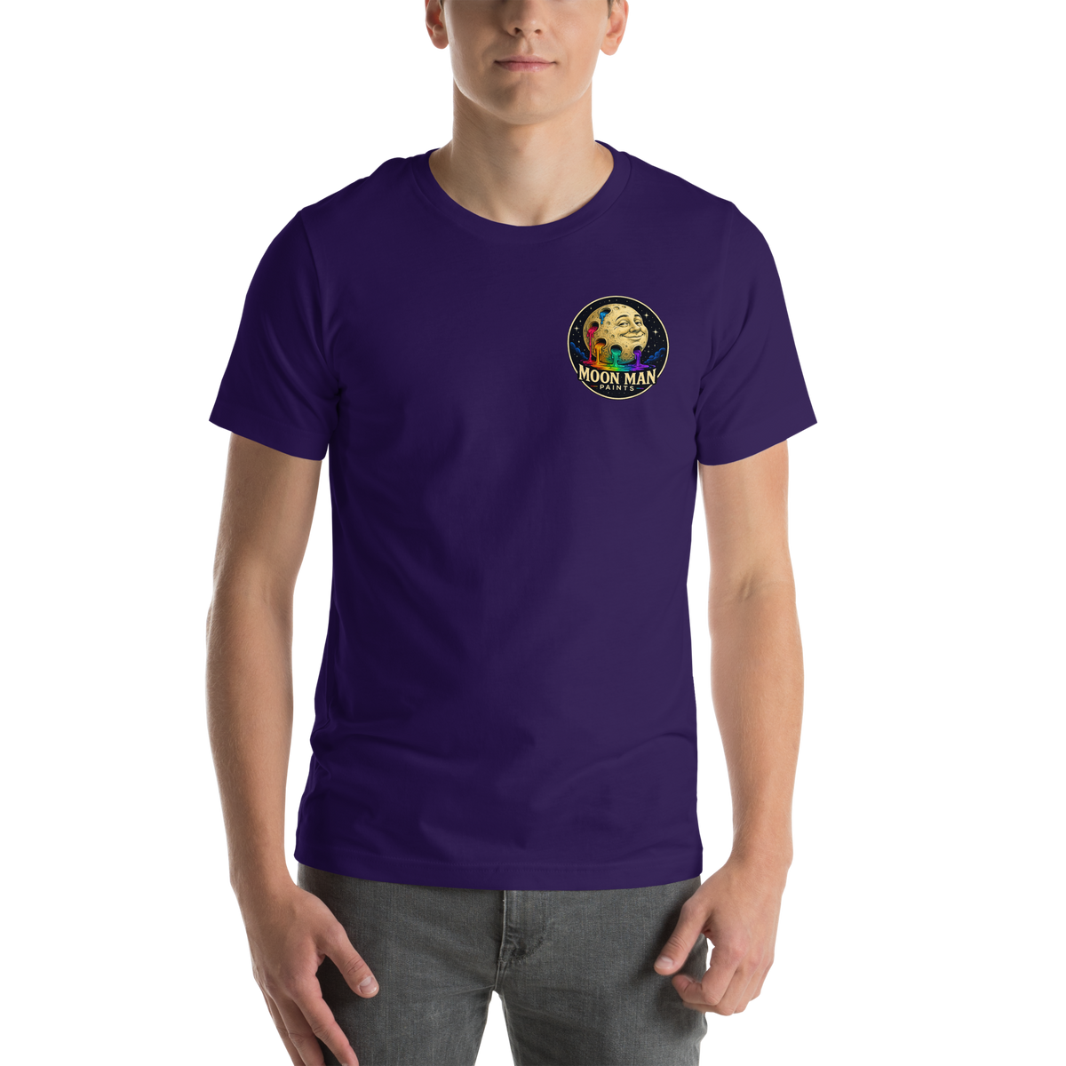 Flow. Create. Be. — Cosmic Flow Artist Series Tee — Team Purple — front view on man model