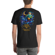 Flow. Create. Be. — Cosmic Flow Artist Series Tee — Vintage Black — back view on man model