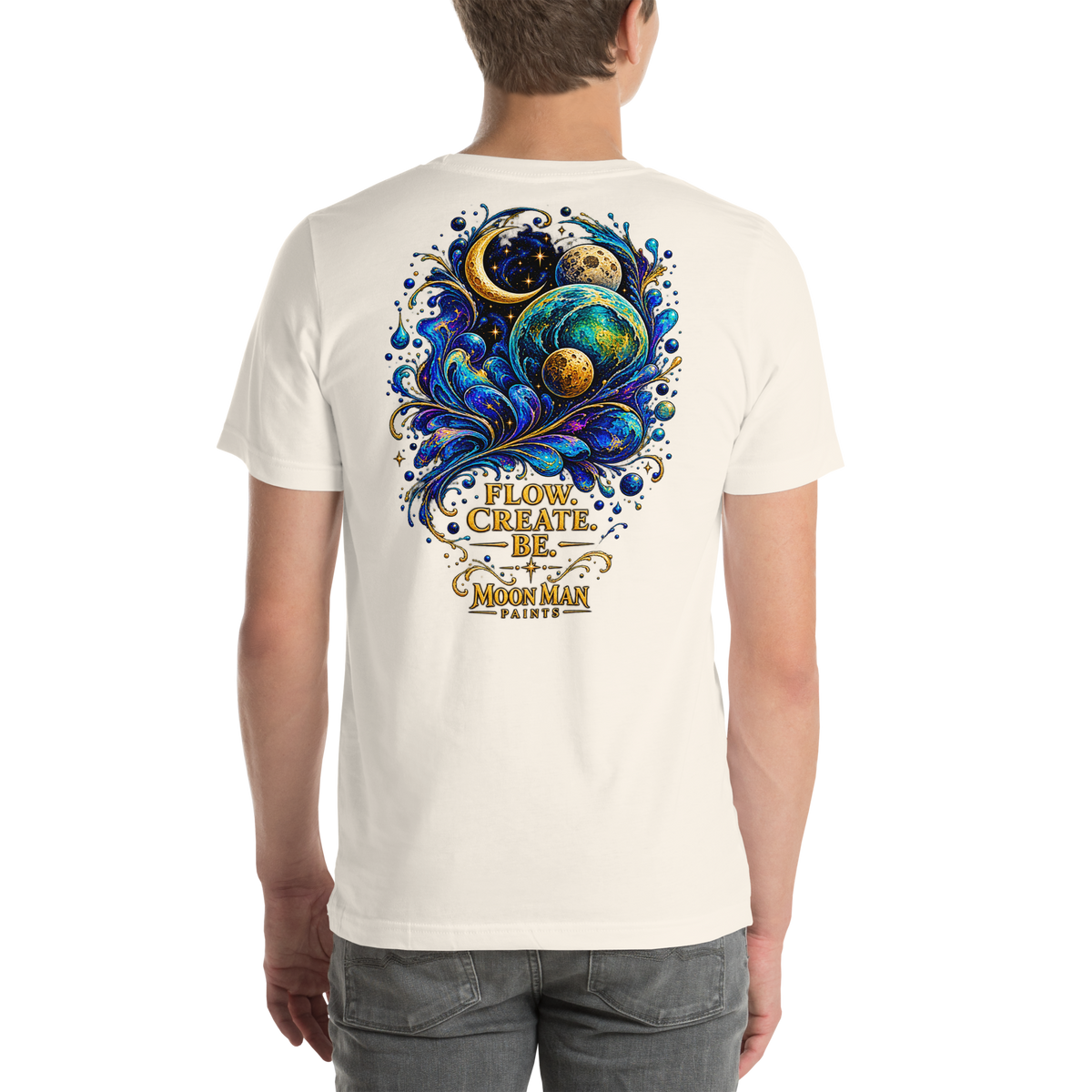 Flow. Create. Be. — Cosmic Flow Artist Series Tee — Vintage White — back view on man model