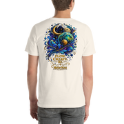 Flow. Create. Be. — Cosmic Flow Artist Series Tee — Vintage White — back view on man model