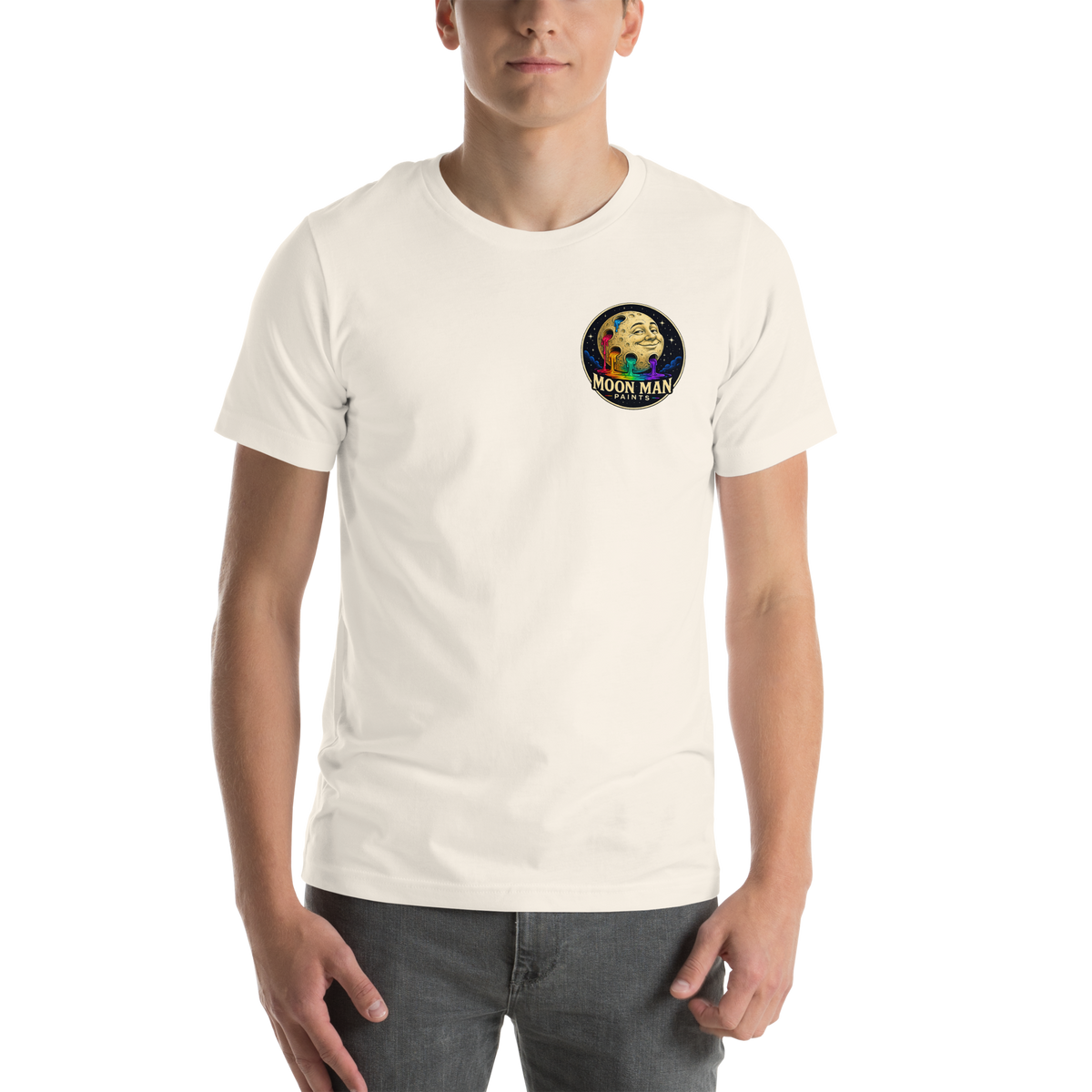 Flow. Create. Be. — Cosmic Flow Artist Series Tee — Vintage White — front view on man model