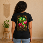 Rooted in Nature, Guided by Fantasy — Signature Series Tee — Black — back view on woman model