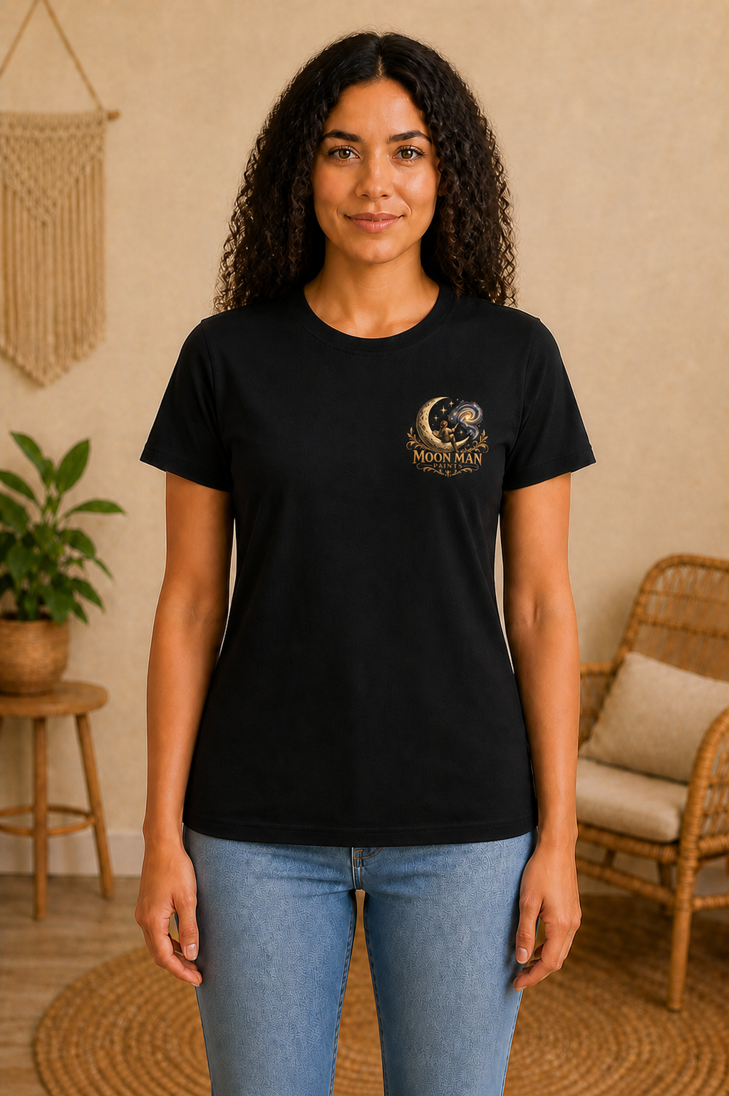 Rooted in Nature, Guided by Fantasy — Signature Series Tee — Black — front view on woman model