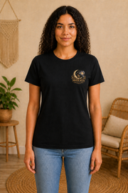 Rooted in Nature, Guided by Fantasy — Signature Series Tee — Black — front view on woman model