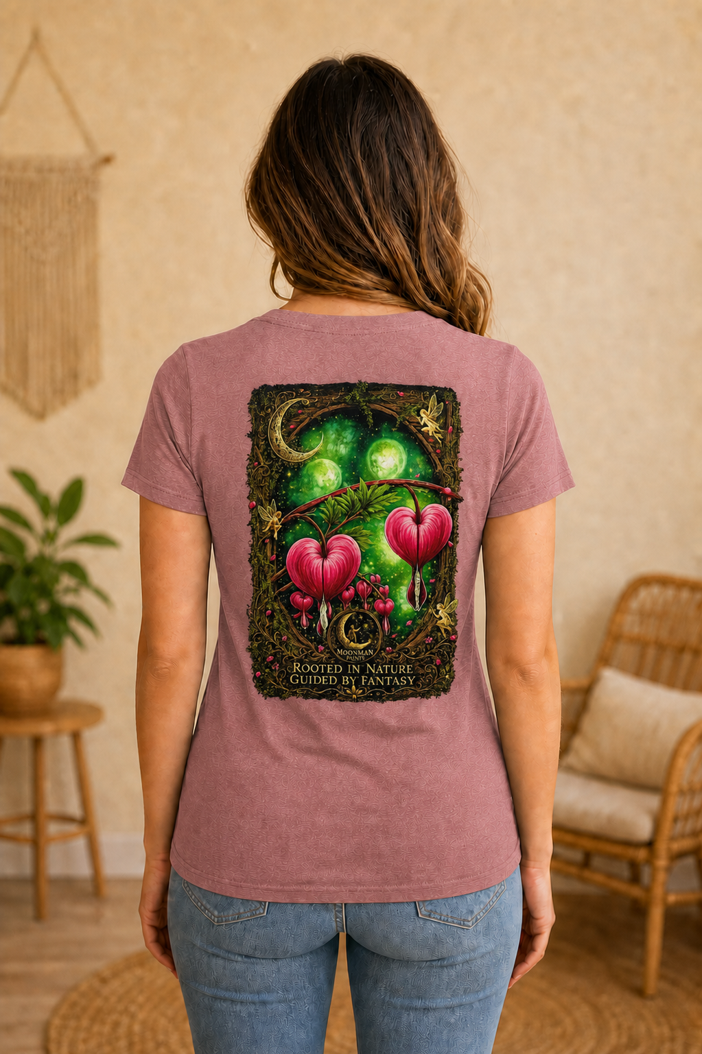 Rooted in Nature, Guided by Fantasy — Signature Series Tee — Heather Mauve — back view on woman model