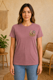 Rooted in Nature, Guided by Fantasy — Signature Series Tee — Heather Mauve — front view on woman model