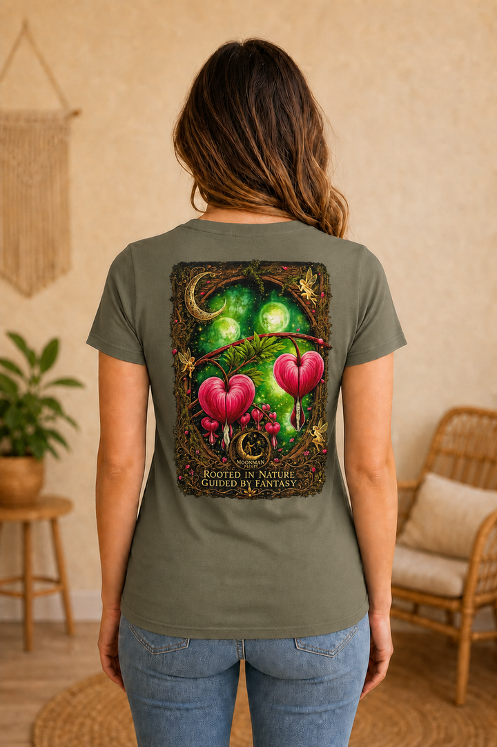 Rooted in Nature, Guided by Fantasy — Signature Series Tee — Military Green — back view on woman model