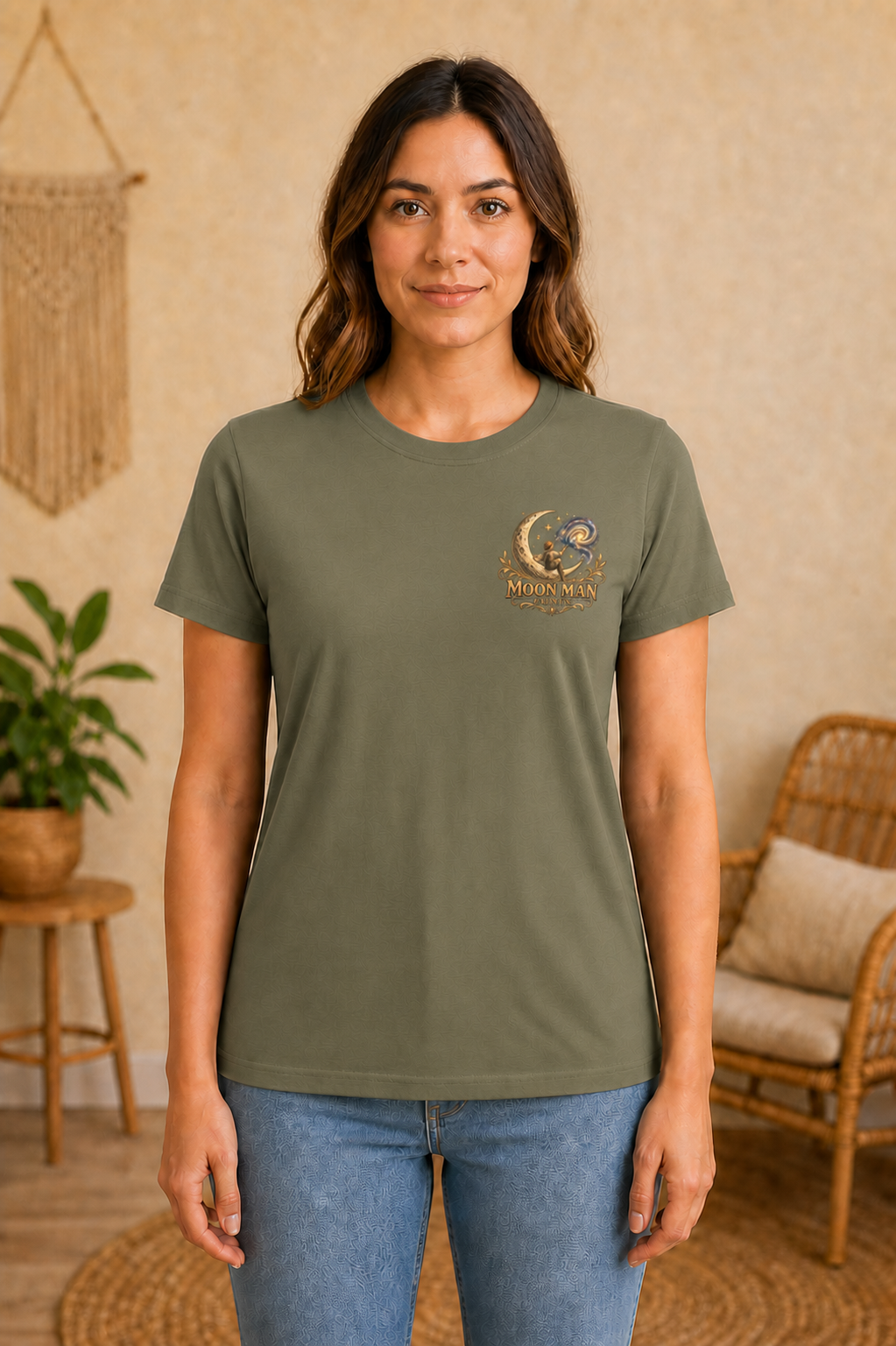Rooted in Nature, Guided by Fantasy — Signature Series Tee — Military Green — front view on woman model