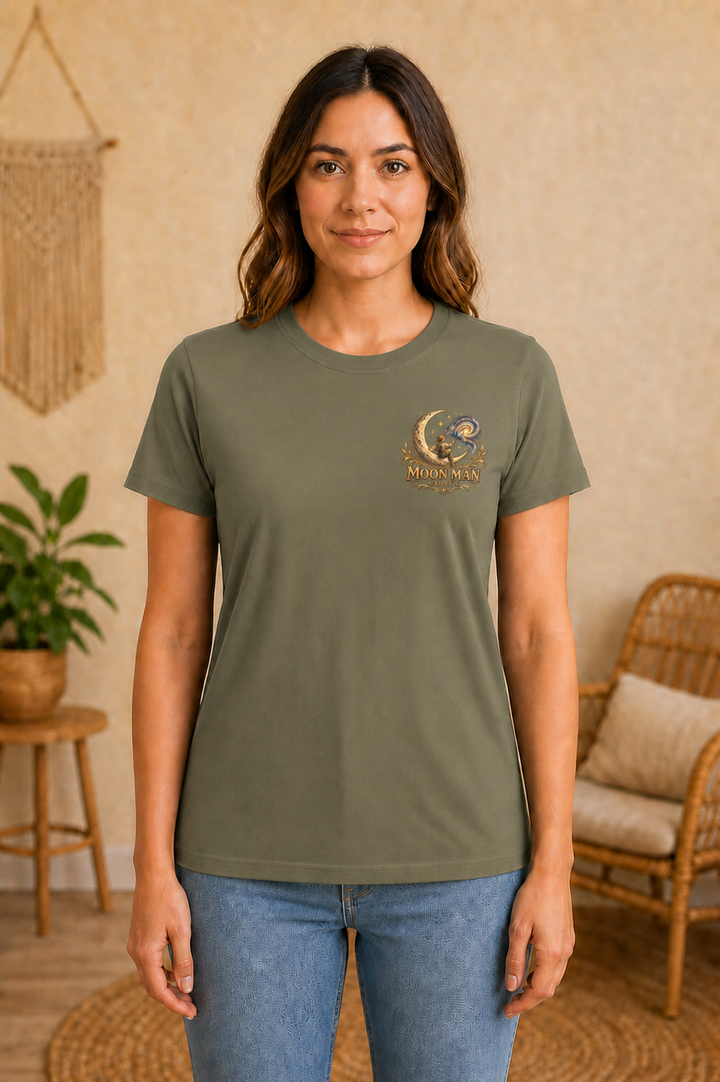 Rooted in Nature, Guided by Fantasy — Signature Series Tee — Military Green — front view on woman model