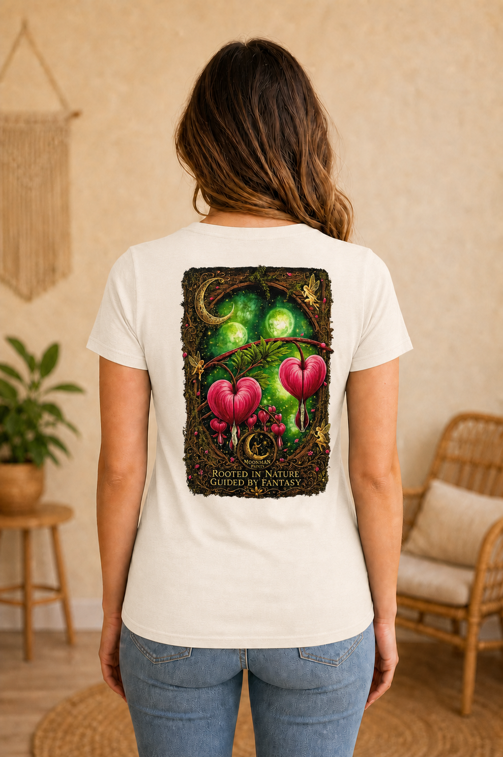 Rooted in Nature, Guided by Fantasy — Signature Series Tee — Natural — back view on woman model