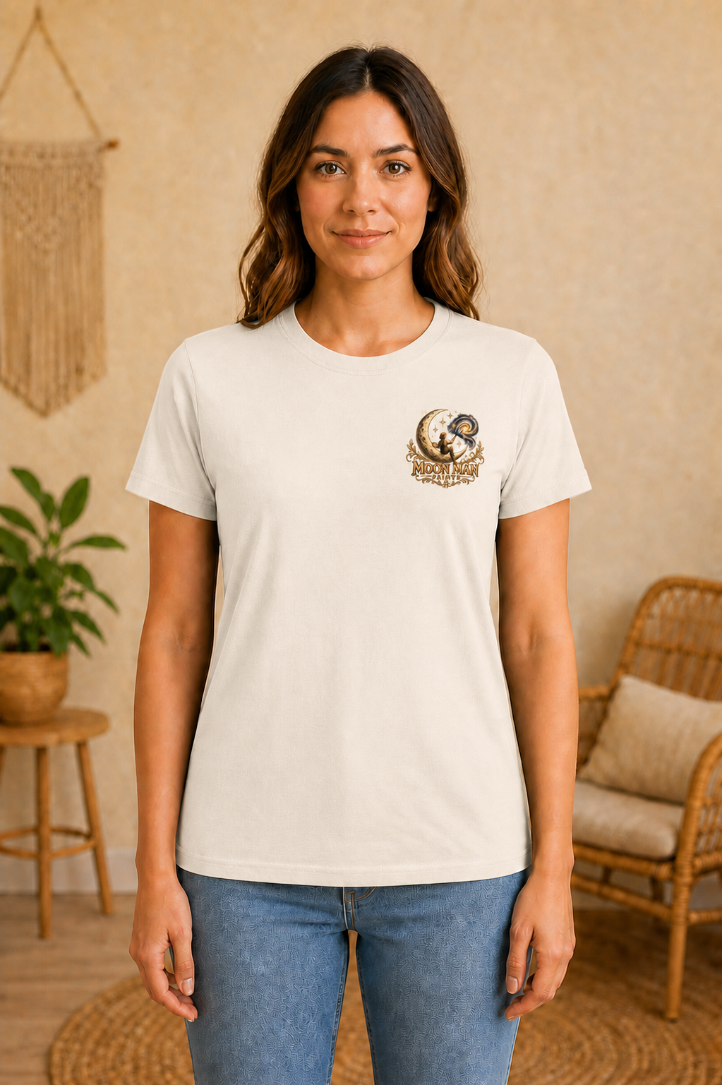 Rooted in Nature, Guided by Fantasy — Signature Series Tee — Natural — front view on woman model