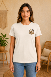 Rooted in Nature, Guided by Fantasy — Signature Series Tee — Natural — front view on woman model