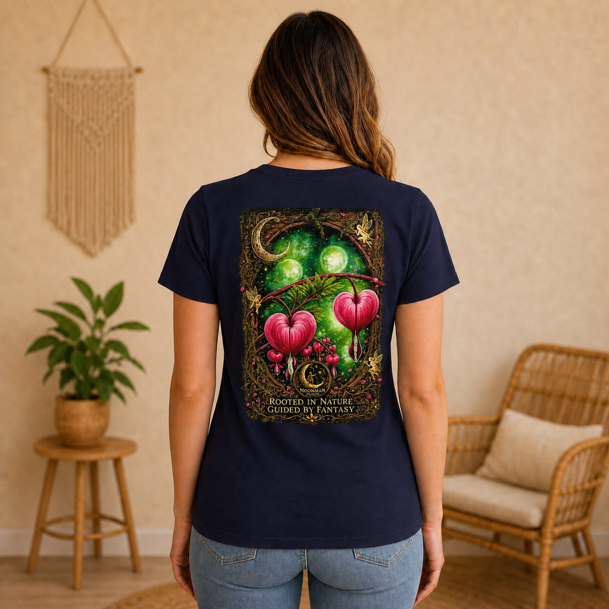 Rooted in Nature, Guided by Fantasy — Signature Series Tee — Navy — back view on woman model