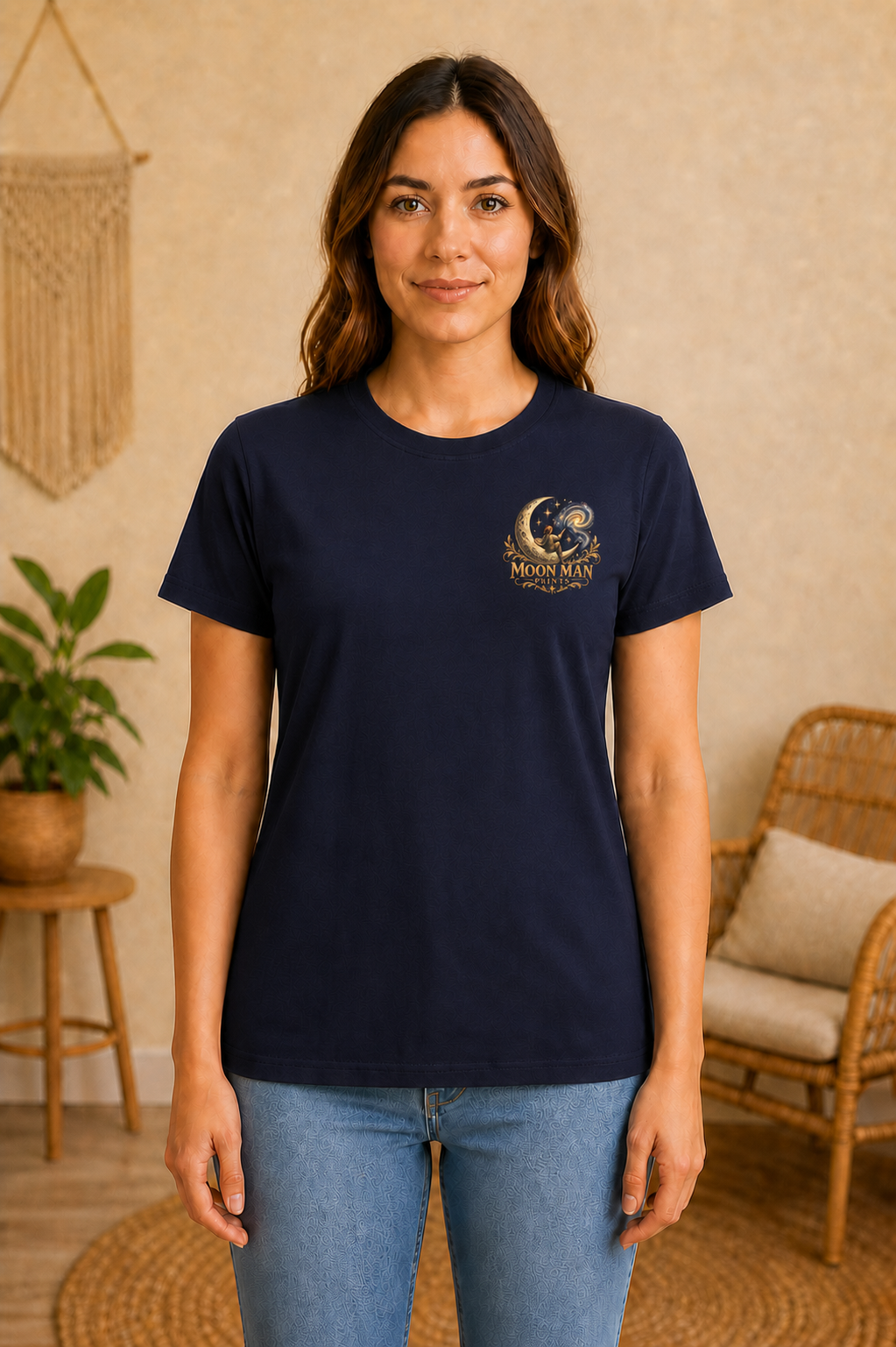 Rooted in Nature, Guided by Fantasy — Signature Series Tee — Navy — front view on woman model