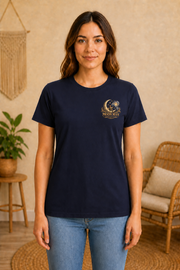 Rooted in Nature, Guided by Fantasy — Signature Series Tee — Navy — front view on woman model