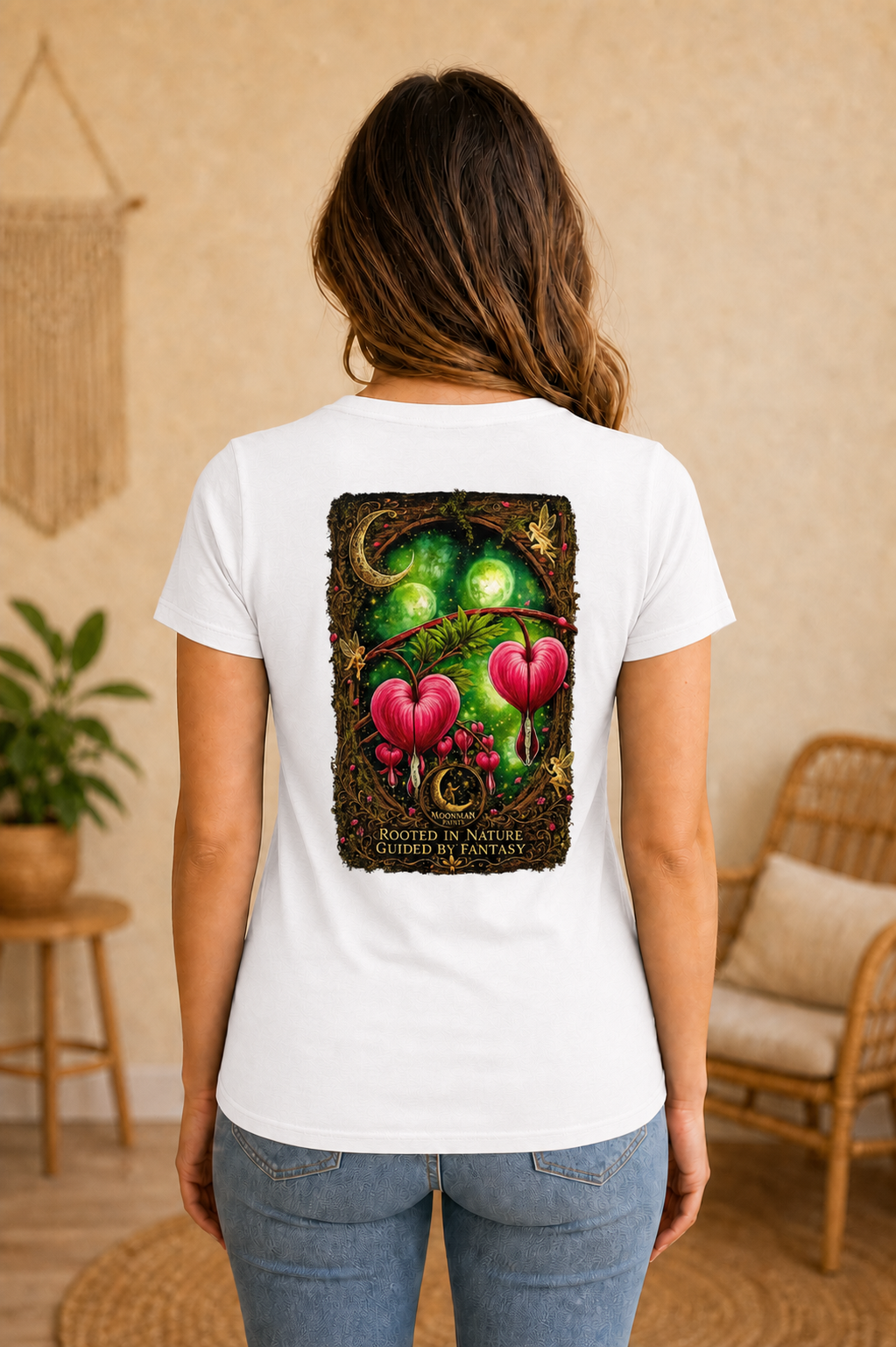 Rooted in Nature, Guided by Fantasy — Signature Series Tee — White — back view on woman model