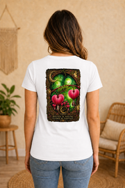 Rooted in Nature, Guided by Fantasy — Signature Series Tee — White — back view on woman model