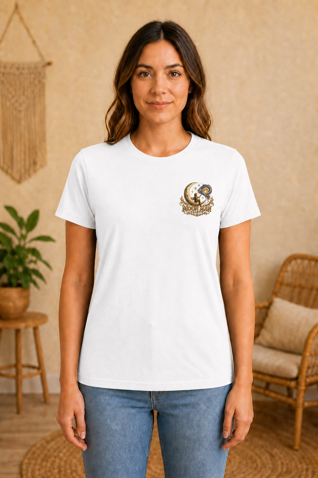 Rooted in Nature, Guided by Fantasy — Signature Series Tee — White — front view on woman model