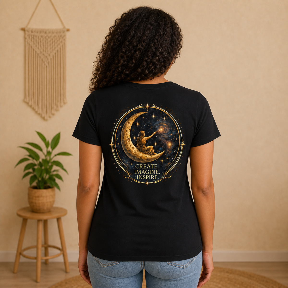 Create. Imagine. Inspire. — Women’s Artist Series Tee — Black — back view on woman model