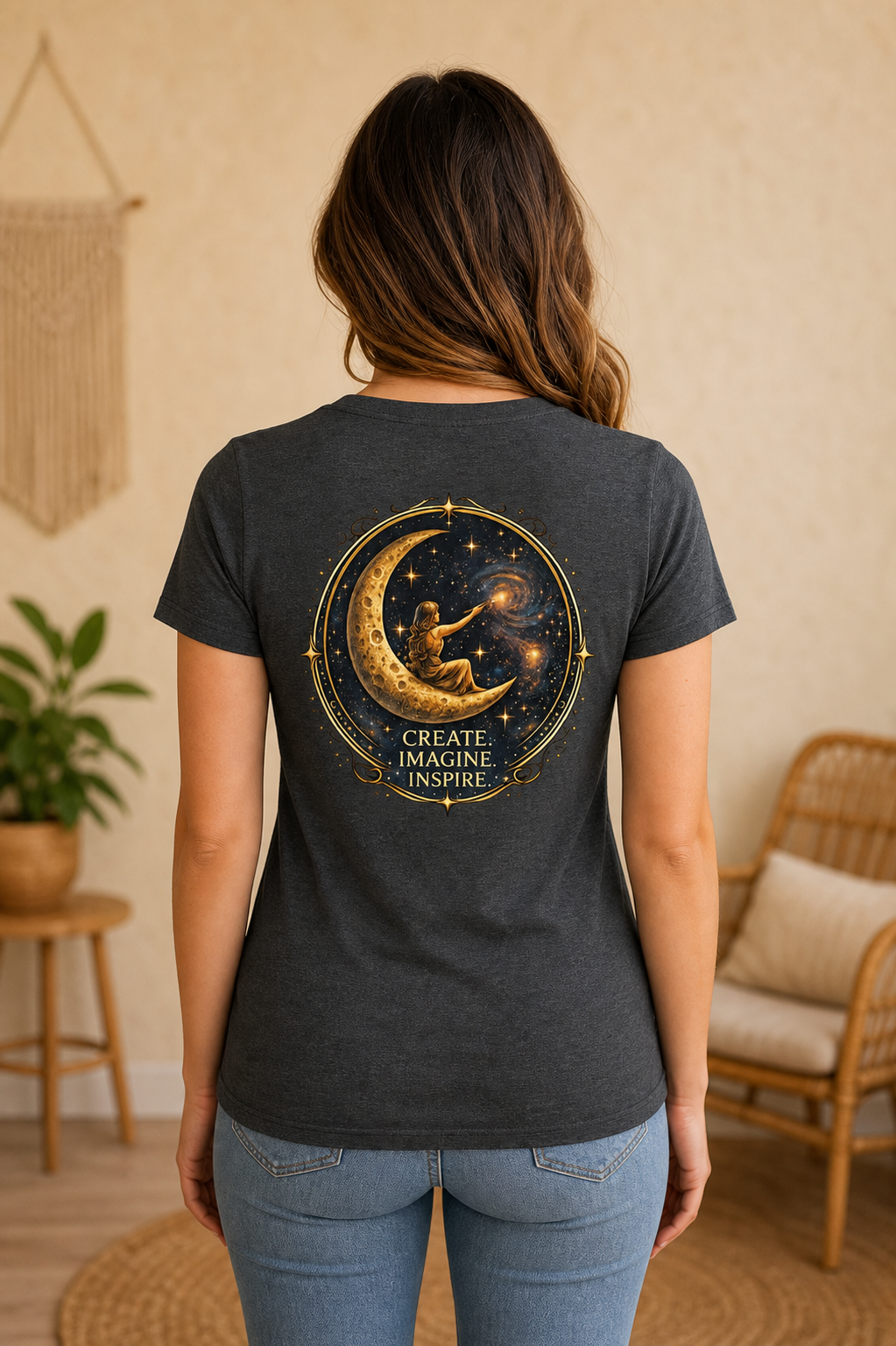 Create. Imagine. Inspire. — Women’s Artist Series Tee — Dark Grey Heather — back view on woman model