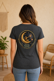 Create. Imagine. Inspire. — Women’s Artist Series Tee — Dark Grey Heather — back view on woman model