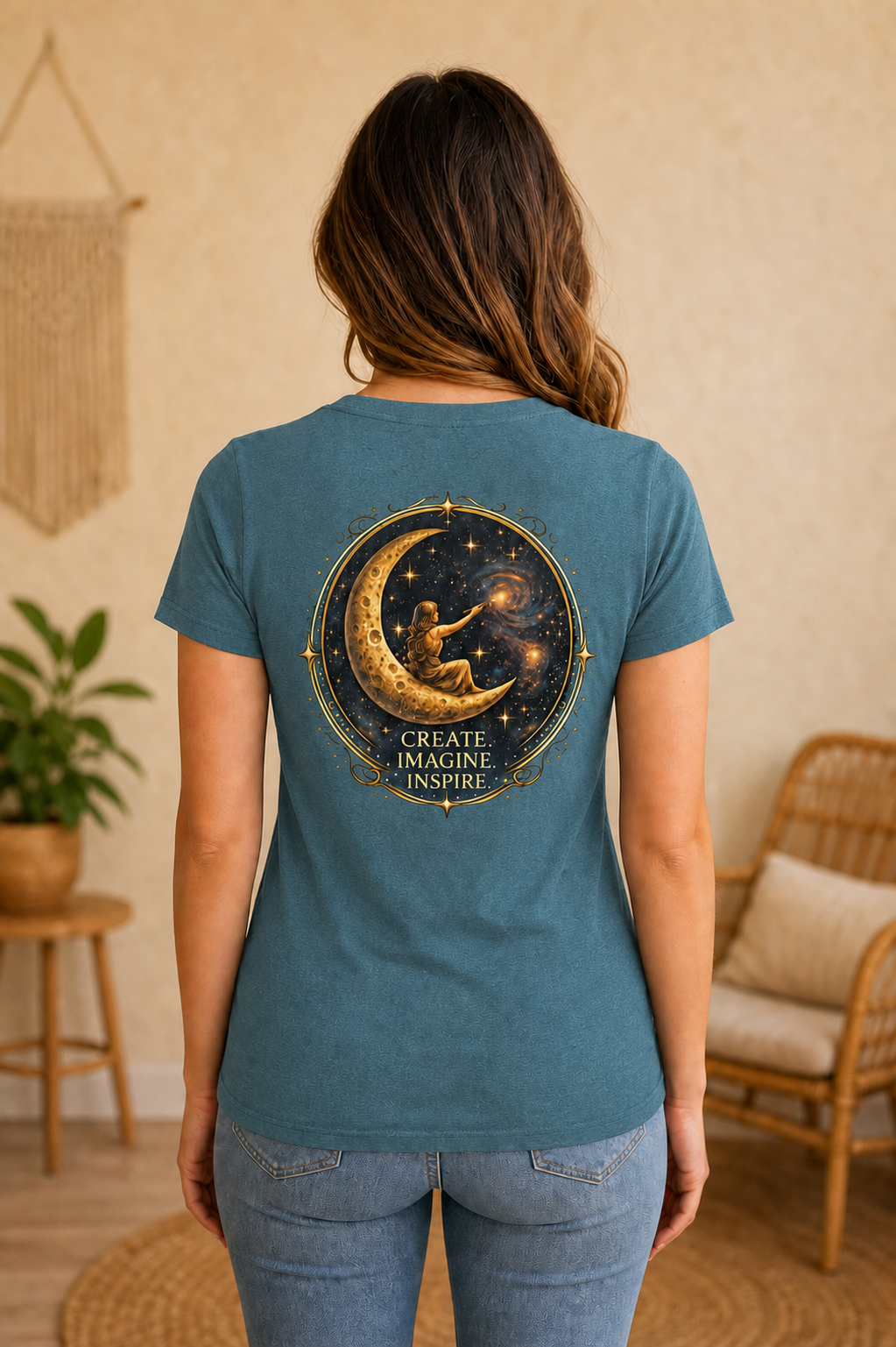 Create. Imagine. Inspire. — Women’s Artist Series Tee — Heather Deep Teal — back view on woman model