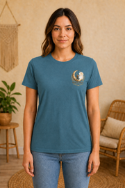 Create. Imagine. Inspire. — Women’s Artist Series Tee — Heather Deep Teal — front view on woman model