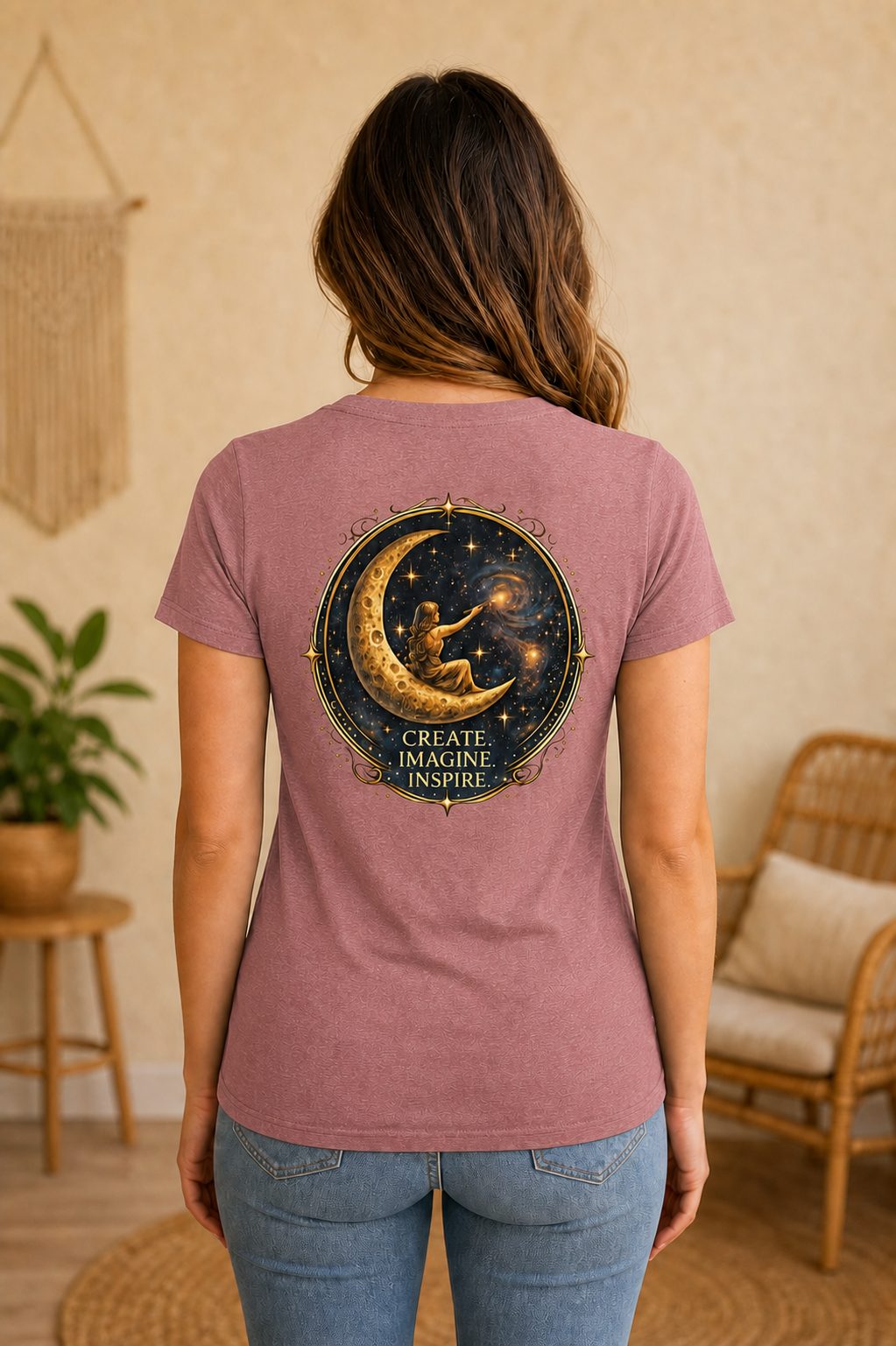 Create. Imagine. Inspire. — Women’s Artist Series Tee — Heather Mauve — back view on woman model