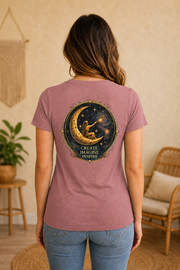 Create. Imagine. Inspire. — Women’s Artist Series Tee — Heather Mauve — back view on woman model