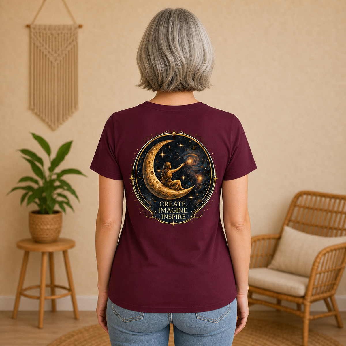 Create. Imagine. Inspire. — Women’s Artist Series Tee — Maroon — back view on woman model
