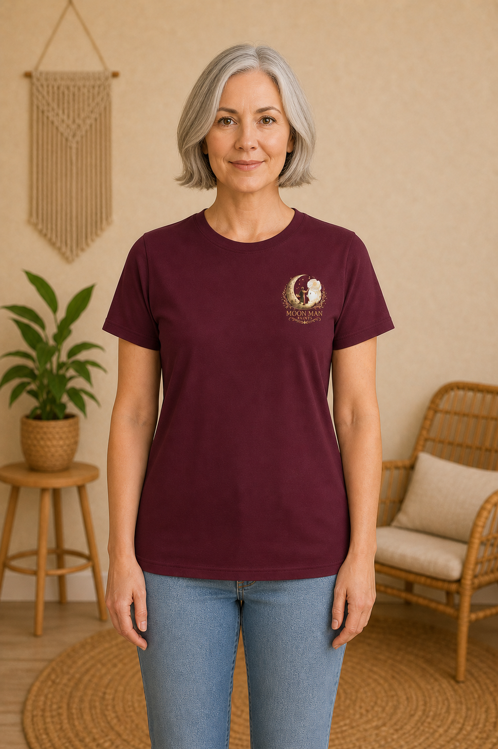 Create. Imagine. Inspire. — Women’s Artist Series Tee — Maroon — front view on woman model