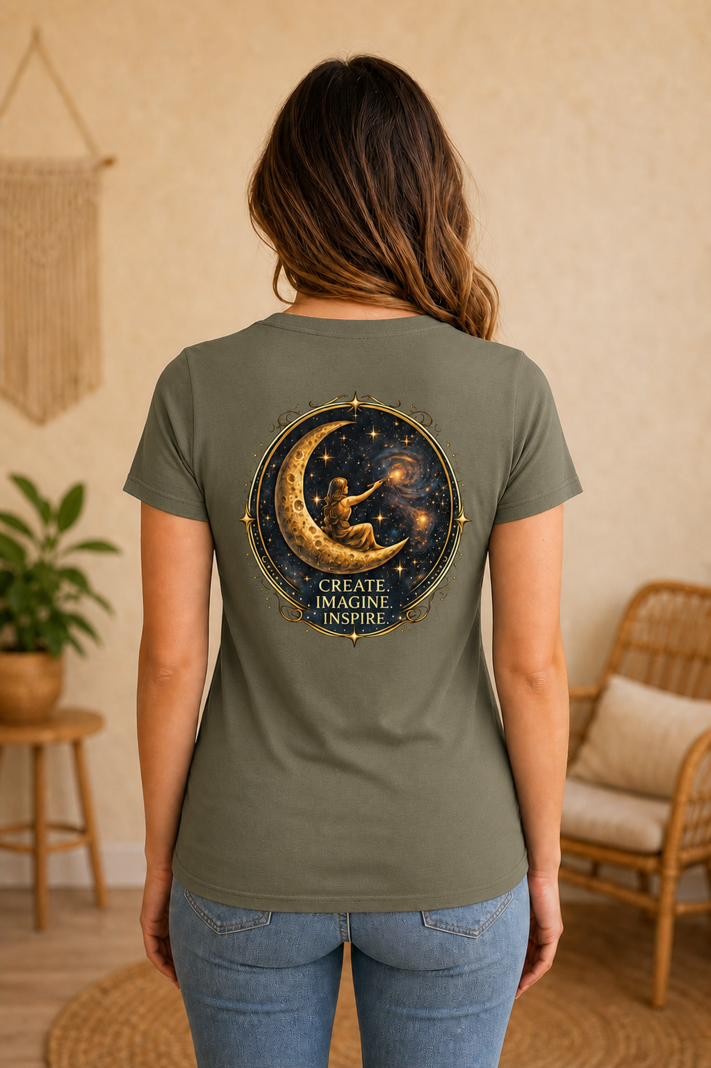 Create. Imagine. Inspire. — Women’s Artist Series Tee — Military Green — back view on woman model