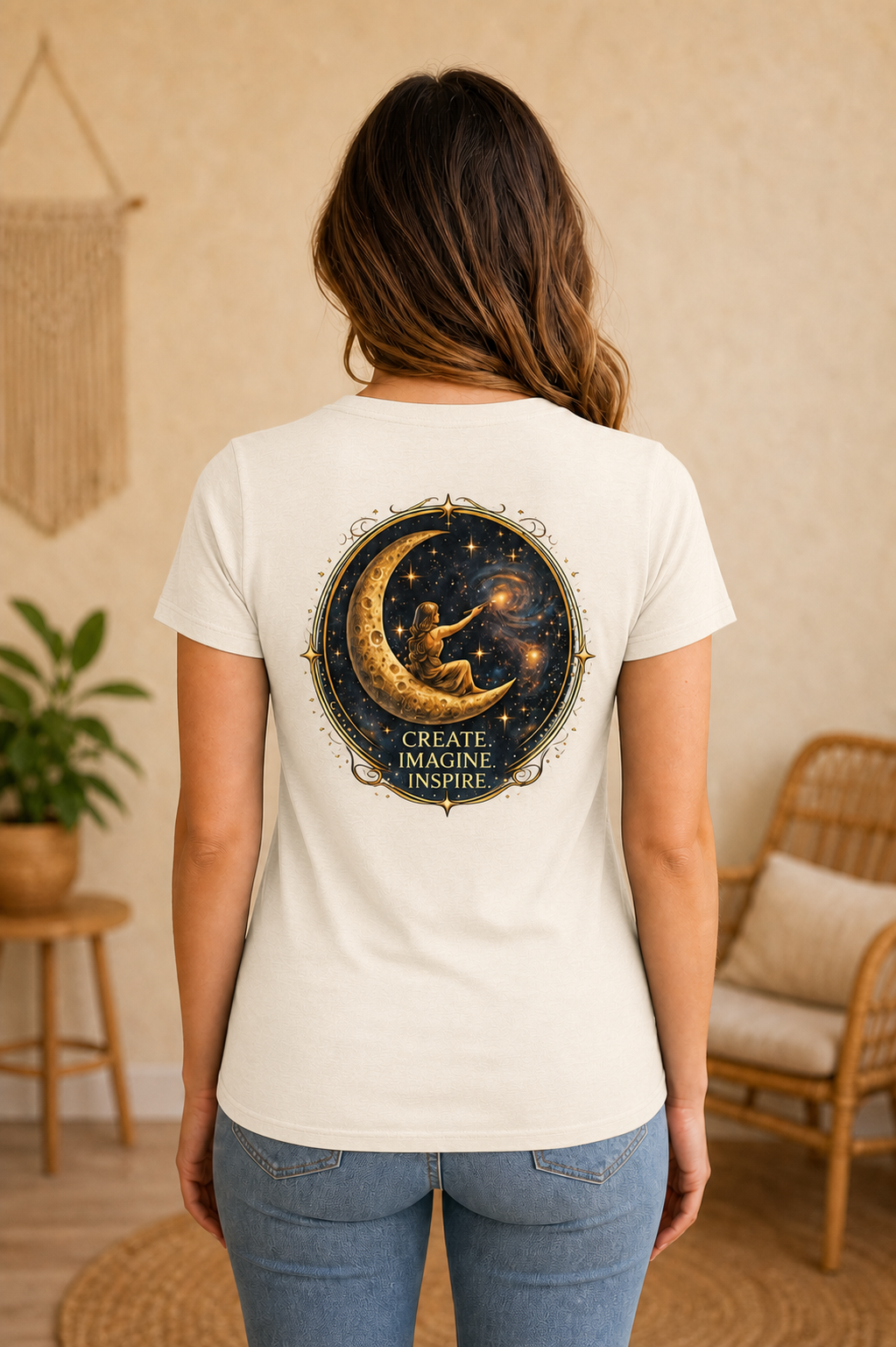 Create. Imagine. Inspire. — Women’s Artist Series Tee — Natural — back view on woman model