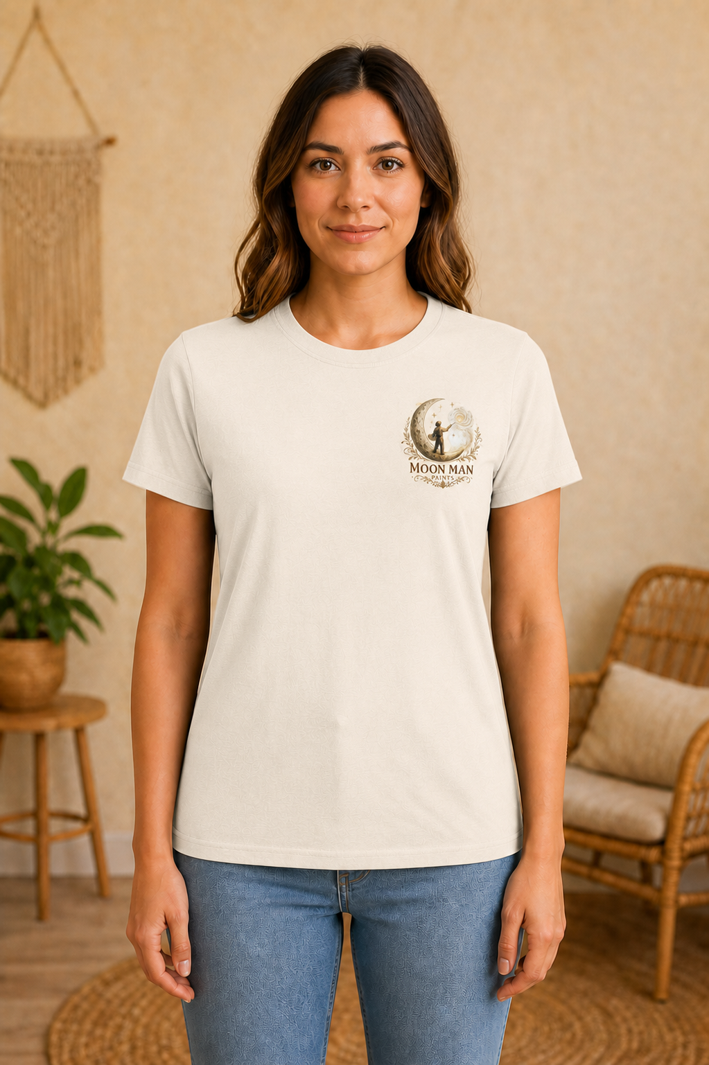 Create. Imagine. Inspire. — Women’s Artist Series Tee — Natural — front view on woman model