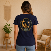 Create. Imagine. Inspire. — Women’s Artist Series Tee — Navy — back view on woman model