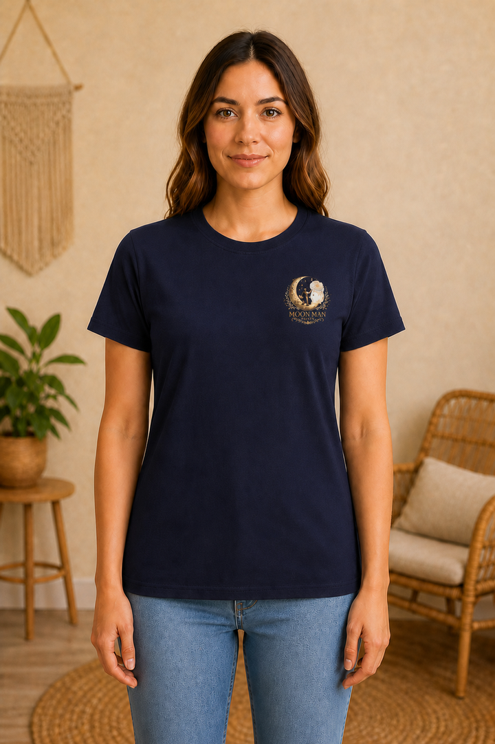 Create. Imagine. Inspire. — Women’s Artist Series Tee — Navy — front view on woman model