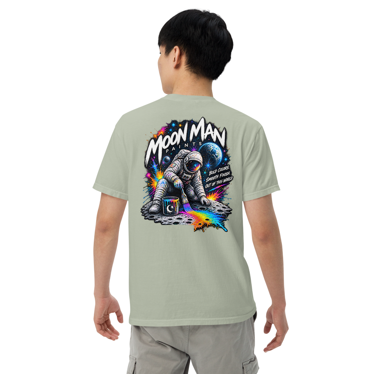 Moon Man Paints Paint Beyond Limits Heavyweight Tee — Light Colors — Bay — back view on man model