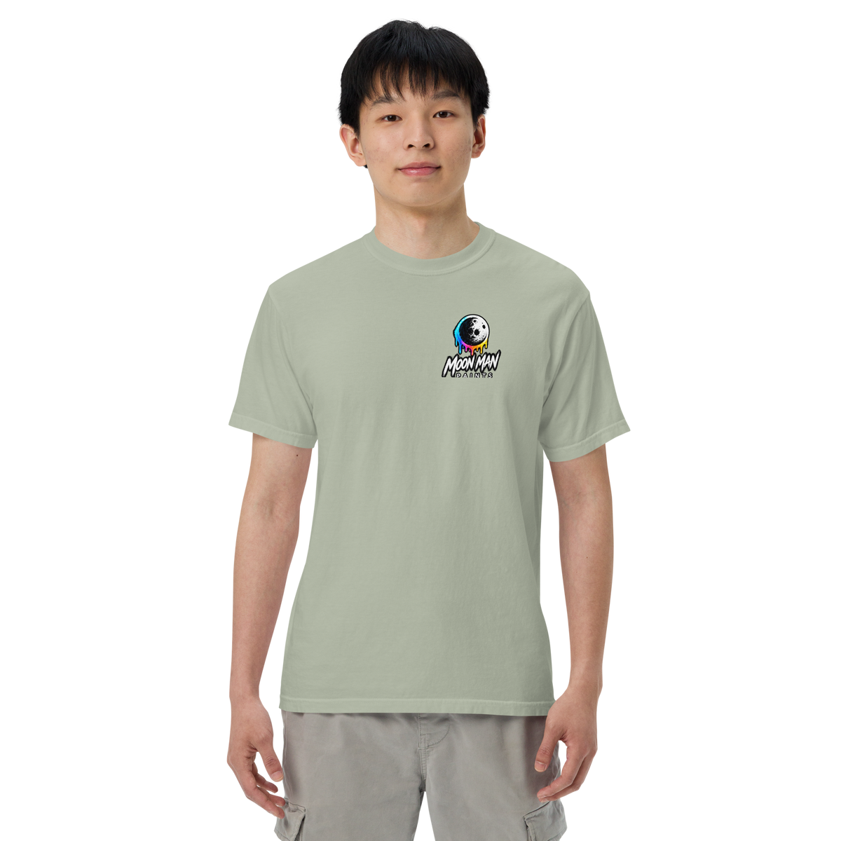 Moon Man Paints Paint Beyond Limits Heavyweight Tee — Light Colors — Bay — front view on man model