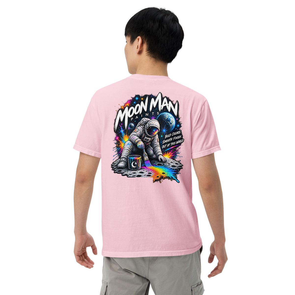 Moon Man Paints Paint Beyond Limits Heavyweight Tee — Light Colors — Blossom — back view on man model