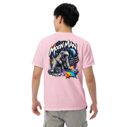 Moon Man Paints Paint Beyond Limits Heavyweight Tee — Light Colors — Blossom — back view on man model