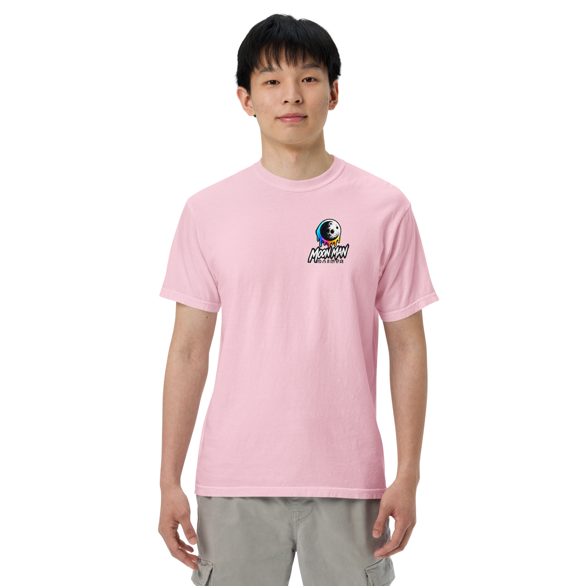 Moon Man Paints Paint Beyond Limits Heavyweight Tee — Light Colors — Blossom — front view on man model
