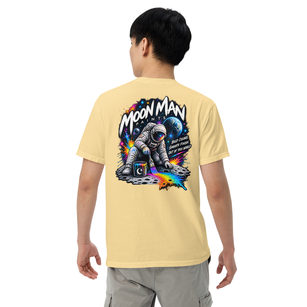 Moon Man Paints Paint Beyond Limits Heavyweight Tee — Light Colors — Butter — back view on man model