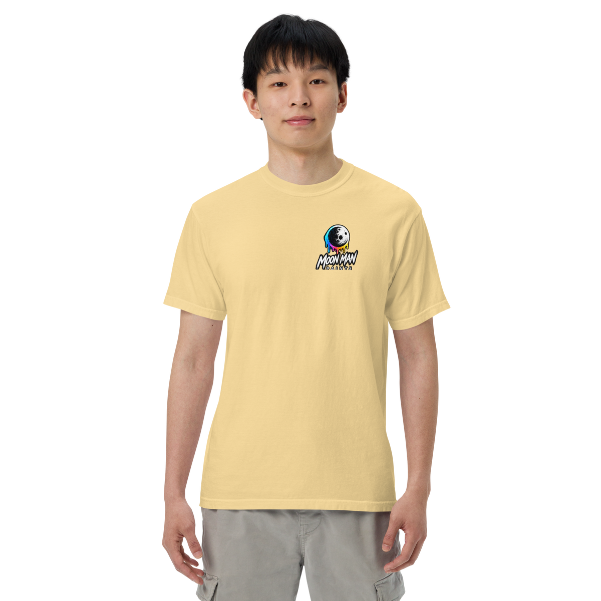 Moon Man Paints Paint Beyond Limits Heavyweight Tee — Light Colors — Butter — front view on man model